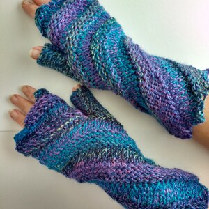Hand knitted spiral fingerless gloves by Angela Gardner Studio Blues