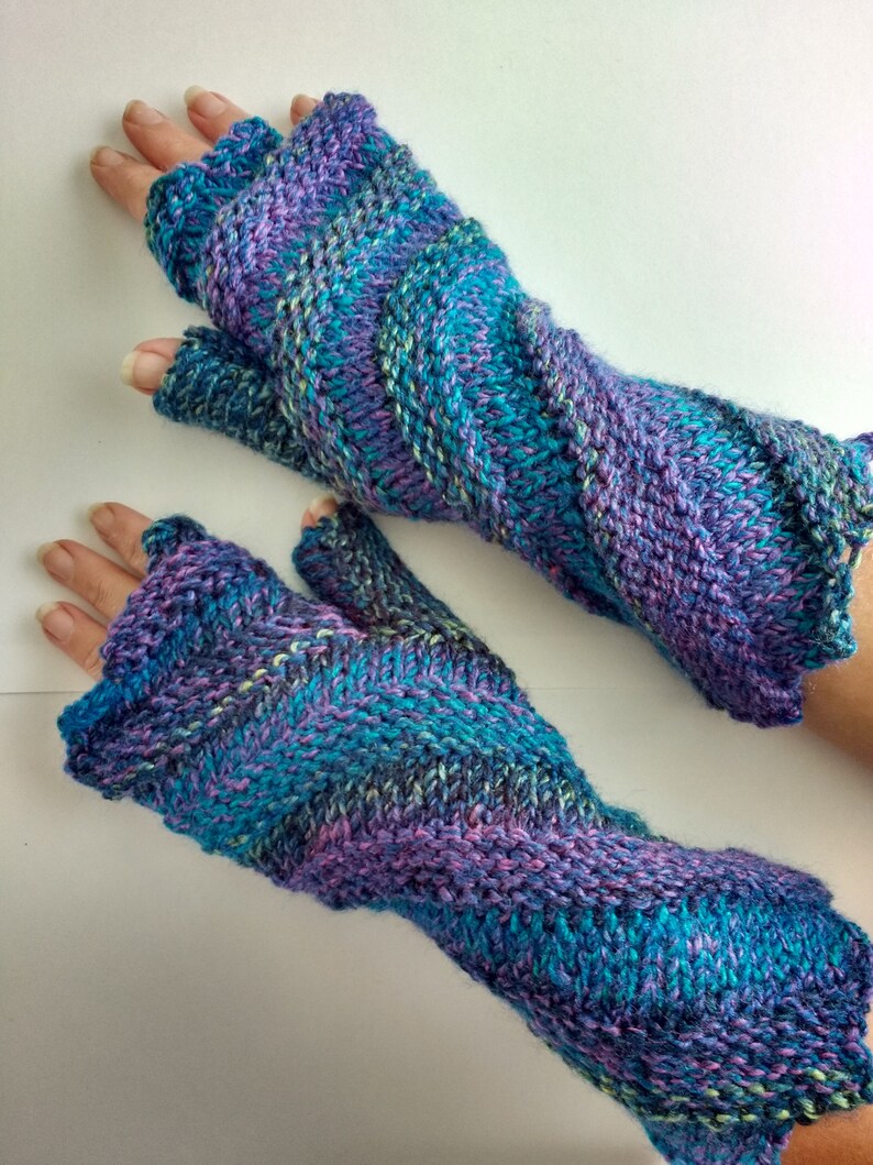 Hand knitted spiral fingerless gloves by Angela Gardner Studio Blues
