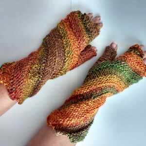 Hand knitted spiral fingerless gloves by Angela Gardner Studio Yellow