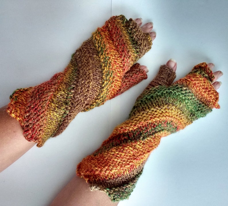 Hand knitted spiral fingerless gloves by Angela Gardner Studio Yellow