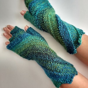 Hand knitted spiral fingerless gloves by Angela Gardner Studio