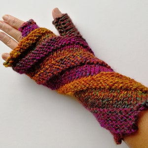 Hand knitted spiral fingerless gloves by Angela Gardner Studio Autumn