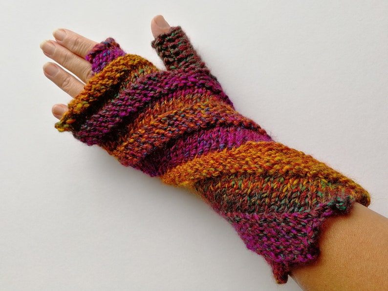 Hand knitted spiral fingerless gloves by Angela Gardner Studio Autumn