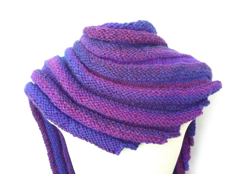 Hand knitted spiral fingerless gloves by Angela Gardner Studio Purple