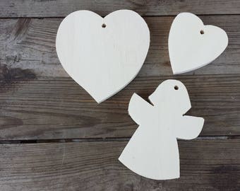 Angel heart shapes and SILHOUETTES in plywood, with hole for hanging, to decorate-Christmas decorations, Christmas