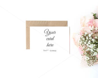 Download Free 5x7 Wedding Card Mockup, Floral Feminine Invitation Stationery Mockup, Styled Stock Photography, print, lettering, flowers flatlay mockup PSD Template