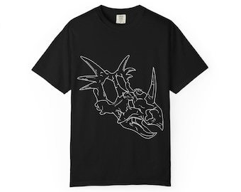 May include: Black t-shirt featuring a white outline of a Triceratops skull. The graphic design is centered on the front of the shirt. The t-shirt has short sleeves and a crew neck.