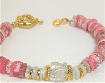 Handmade gold plated bracelet with heishi pink opal, rock crystal and mother of pearl