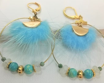 Gold plated hoop earrings with fine stones and half-moon blue fur connector