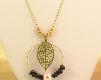 Wedding necklace  and gemstones pendant with leaf filigree