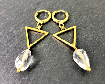 Mini Creoles With Triangle Connectors And Rock Crystal Faceted Drop