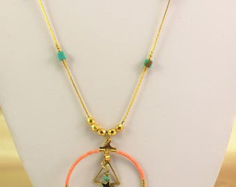 Necklace gold plated boho chic semi-precious turquoise beads and seed beads