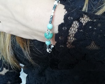 Bangle stone, boho beads, silver chain and charms