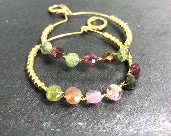 creoles with gold plated beads  and tourmaline