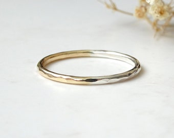 9ct Gold Ring - Gold and Silver Ring - Mixed Metal Ring - Silver and Gold Band - Stacking Ring - Hammered Gold Band - Thin Wedding Band