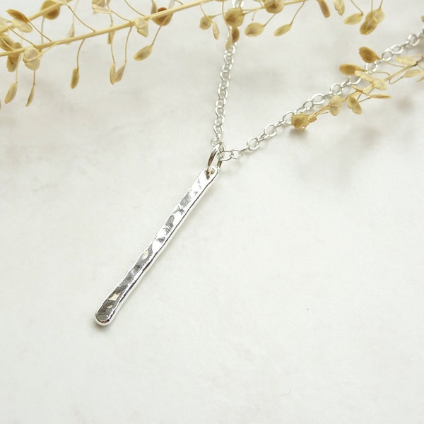 Silver Bar Necklace UK - Vertical Bar Necklace - Silver Bar Pendant - Hammered Bar Necklace - Silver Line Necklace - Minimal Jewellery