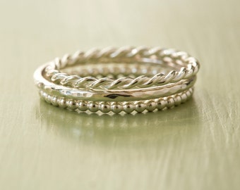 Sterling Silver Stacking Ring Set - Set of 3 Stacking Rings - Twist Ring - Hammered Ring - Beaded Ring - Delicate Ring - 925 Stacking Bands