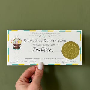Certificado personalizado de "Buen huevo" del conejito de Pascua con sobre