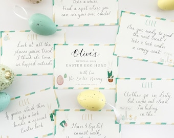 May include: A set of Easter egg hunt clues printed on cards with a green and yellow striped border. The cards feature a variety of illustrations, including bunnies, flowers, and eggs. The text on the cards includes clues for an Easter egg hunt, such as "Now this one may take a while, Find a spot where you can see your own smile!" and "Look at all the places you've tried, I think it's time we hopped outside."