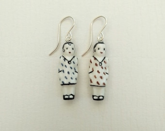 Frozen Charlotte Blue and Red Dash Frock Doll Earrings with Sterling Silver Fittings