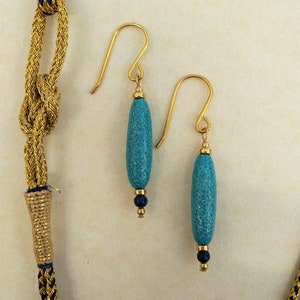 Long Drop Egyptian Faience and Lapis Lazuli Earrings with Gold Vermeil Ear Wires