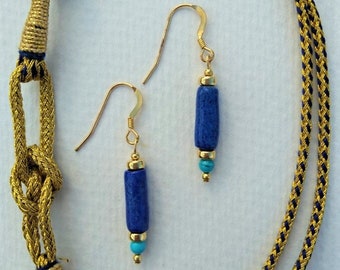 Egyptian Faience and Turquoise Tube Earrings with Gold Filled Fittings