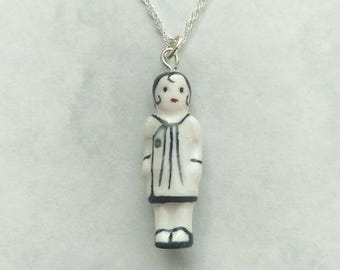Frozen Charlotte Button and Pleat Pendant with Sterling Silver Chain