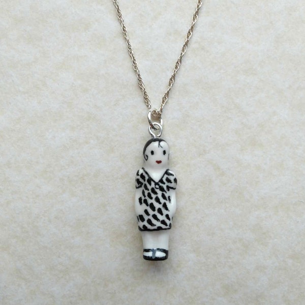 Frozen Charlotte Teardrop Frock Doll Pendant with Sterling Silver Chain and Fittings