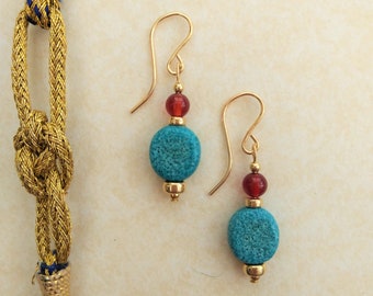 Turquoise Egyptian Faience and Carnelian Disc Earrings