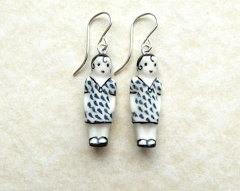 Frozen Charlotte Blue Teardrop Frock Doll Earrings with Sterling Silver Fittings