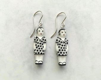 Frozen Charlotte Black Spotty Frock Earrings with Sterling Silver Fittings