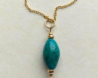 Turquoise Egyptian Faience Bead Pendant with 18 inch Gold Filled Chain and Fittings