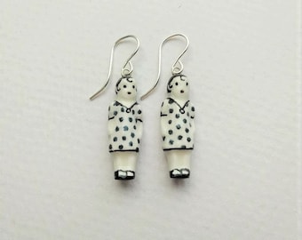 Frozen Charlotte Blue Spot Frock Doll Earrings with Sterling Silver Fittings