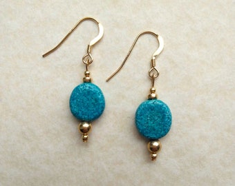 Turquoise Egyptian Faience Disc Earrings with Gold Filled Spacer Beads and Fittings