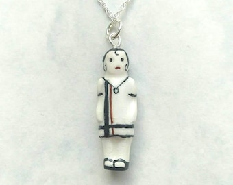Frozen Charlotte Stripe Abstract Doll Pendant with Sterling Silver Chain