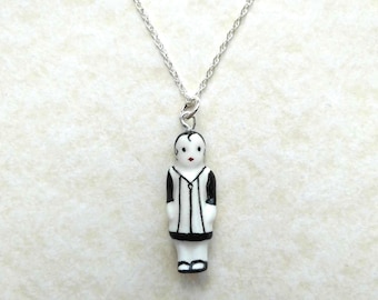 Frozen Charlotte Black Pleated Smock Doll Pendant with Sterling Silver Chain