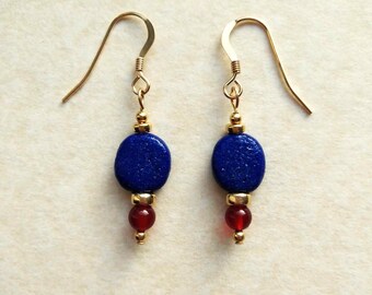 Egyptian Faience and Carnelian Disc Earrings with Gold Filled Spacer Beads and Fittings