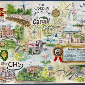 May include: Watercolor illustration depicting the career of Mike Van Houten, featuring Iowa State University, Purdue University, and Cargill. Includes maps, buildings, awards, and the text "Patents Awarded."