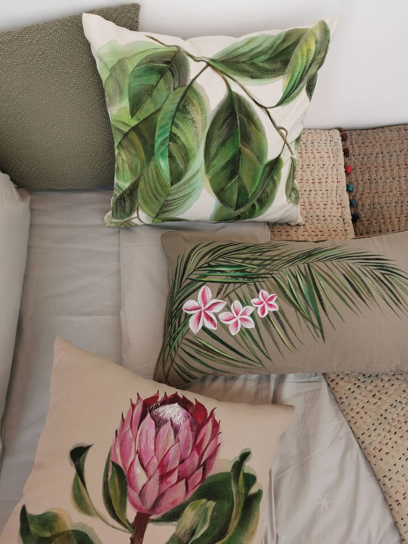 Protea Pillow Beige Hand Painted Decorative Pillow Cover Etsy