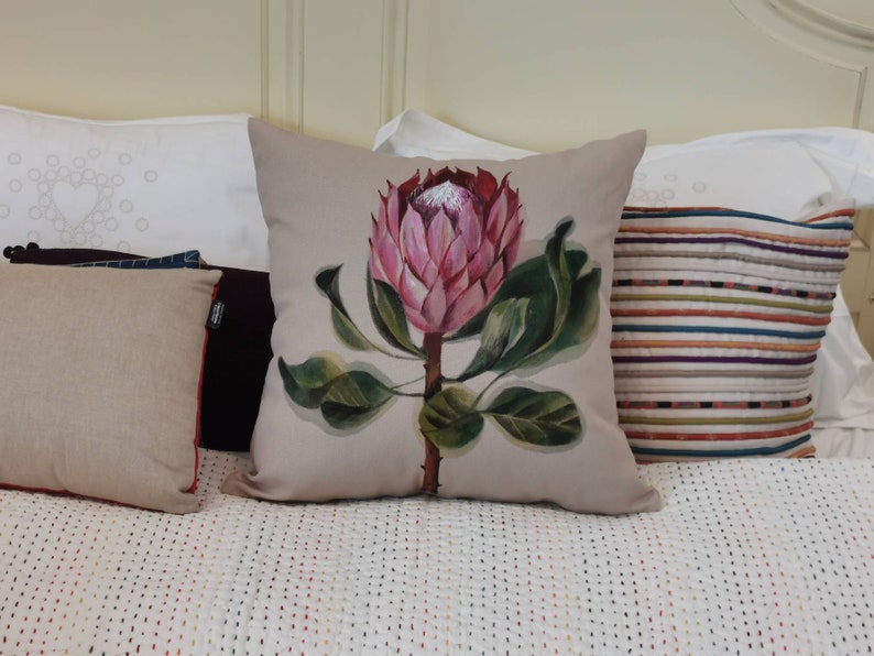 Protea Pillow Beige Hand Painted Decorative Pillow Cover Etsy