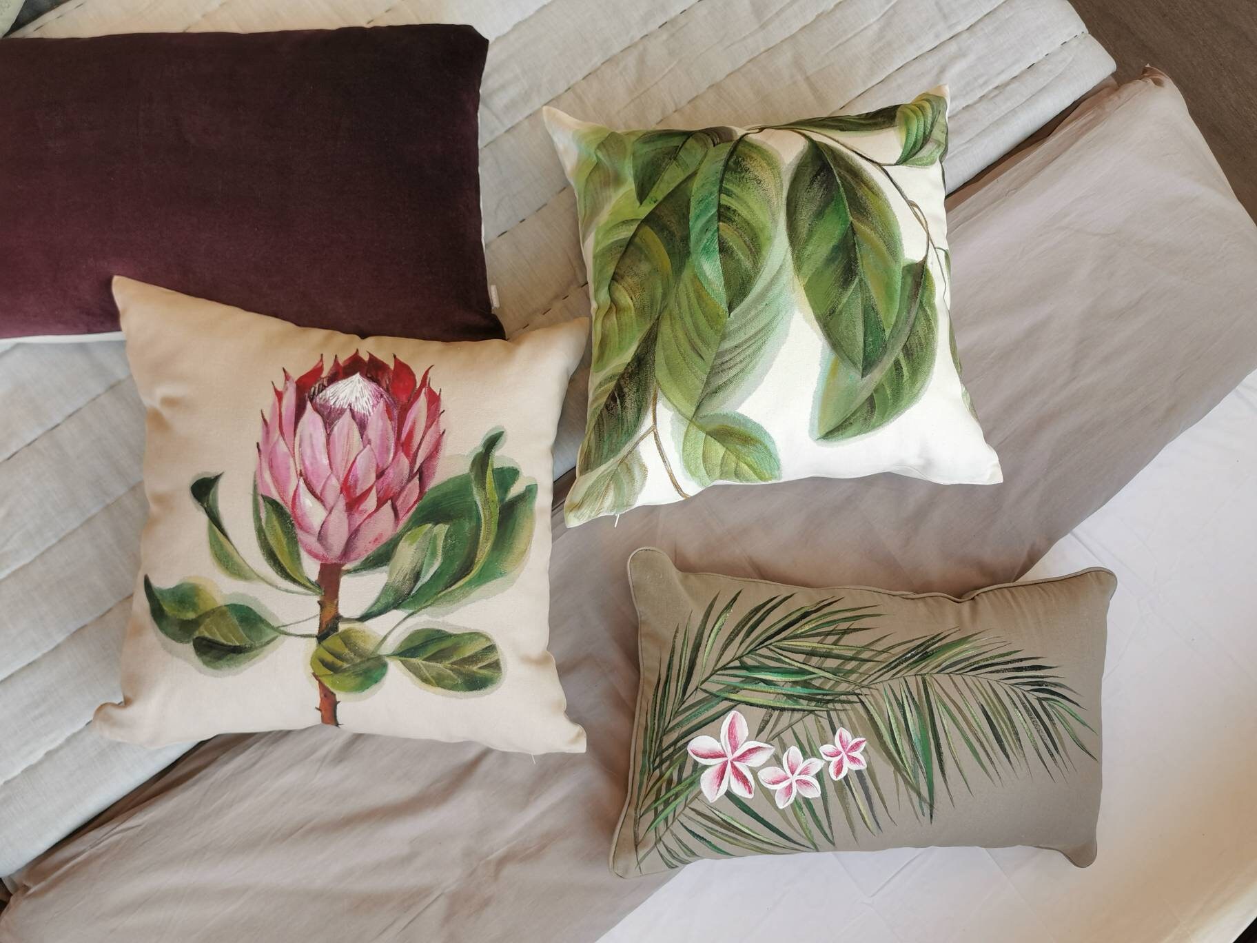 Protea Pillow Beige Hand Painted Decorative Pillow Cover Etsy