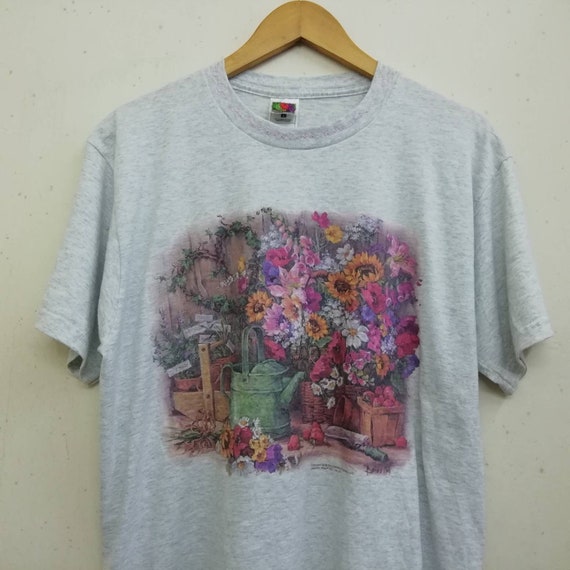 Size Large Boho Tshirt 90s Floral Tshirt Vintage Tshirt Floral Top 80s Flower Shirt Cotton Tee 1990s Minimalist Floral Tshirt