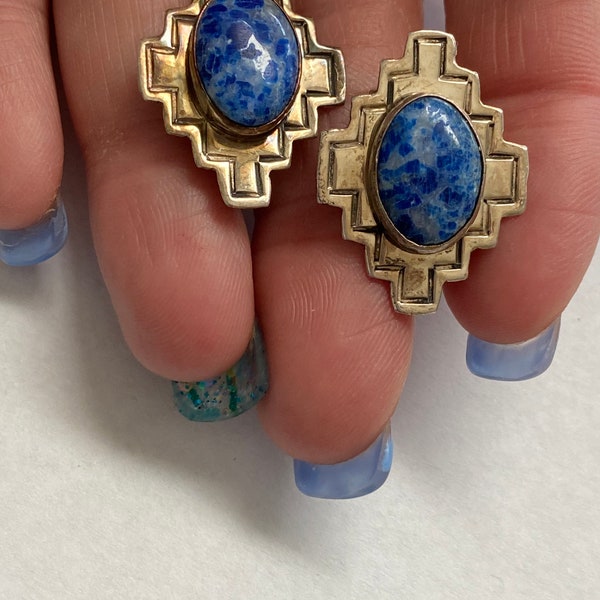 Vintage Sterling Silver Nakai Lapis Clip Earrings-af