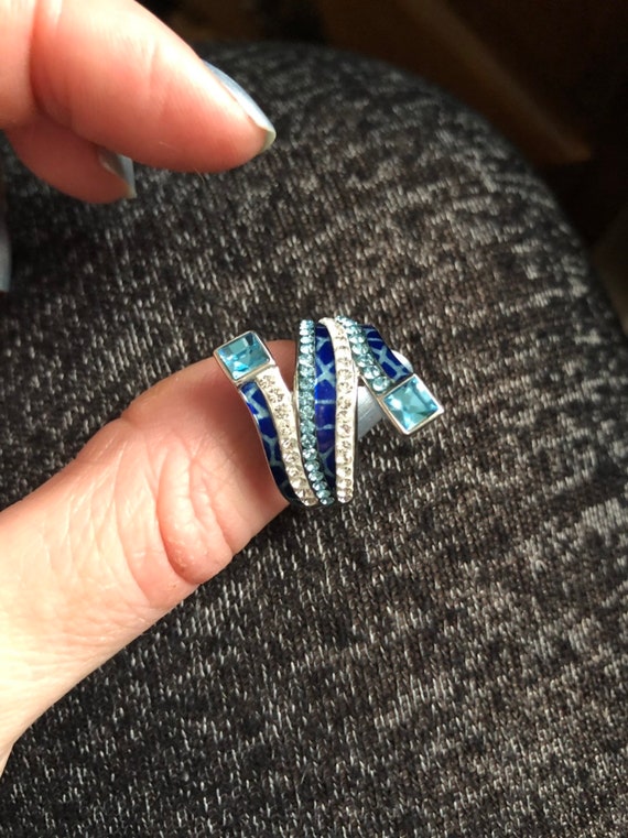 Signed Sigal Sterling Silver Enamel Blue And Clear