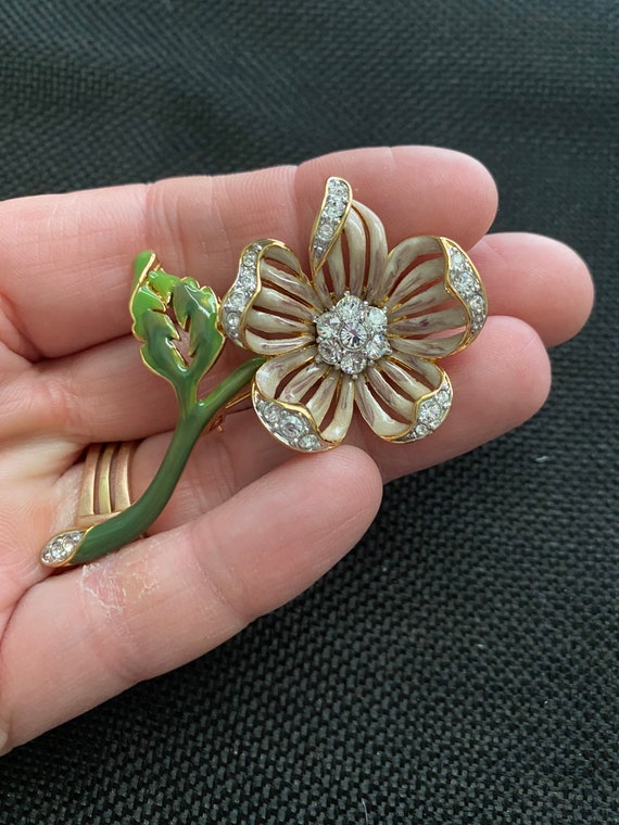 Nolan Miller Taupe Enamel Flower Rhinestone Brooch Pin-af - Etsy display picture 1