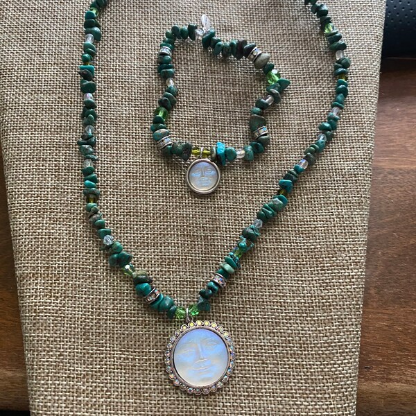 Kirks Folly SEAVIEW MOON Face Turquoise Crystal Bead Necklace With Bracelet!!!-af