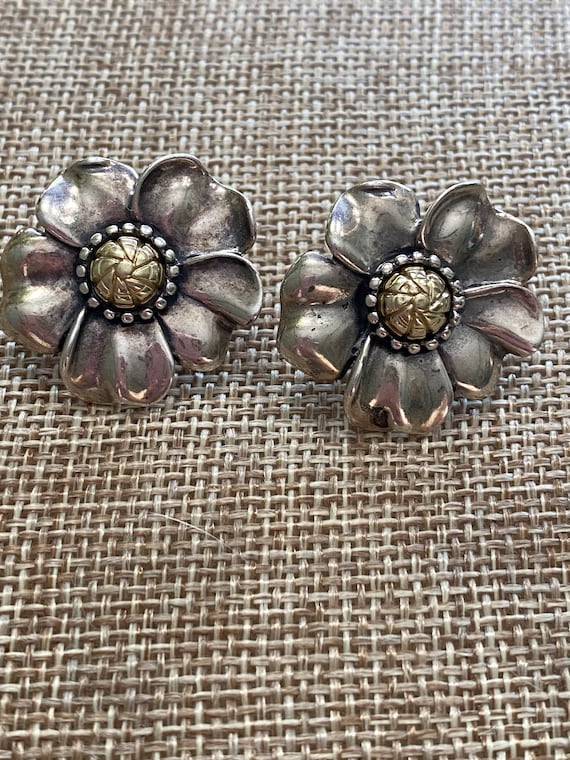 Designer Ann King Sterling Silver 925 18k YG Flower Shield Omega Back Earrings