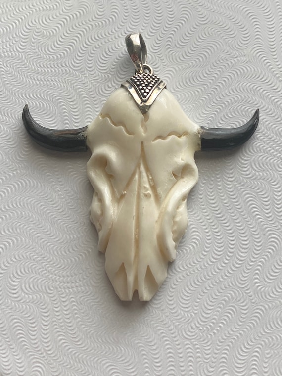 Sterling Silver Hand Carved Bull/Cow Skull Pendant