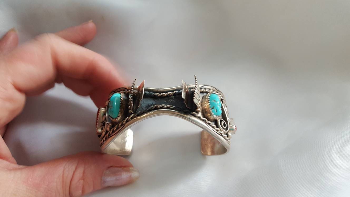 Vintage Sterling Silver Turquoise & Coral Watch Cuff  display picture 3