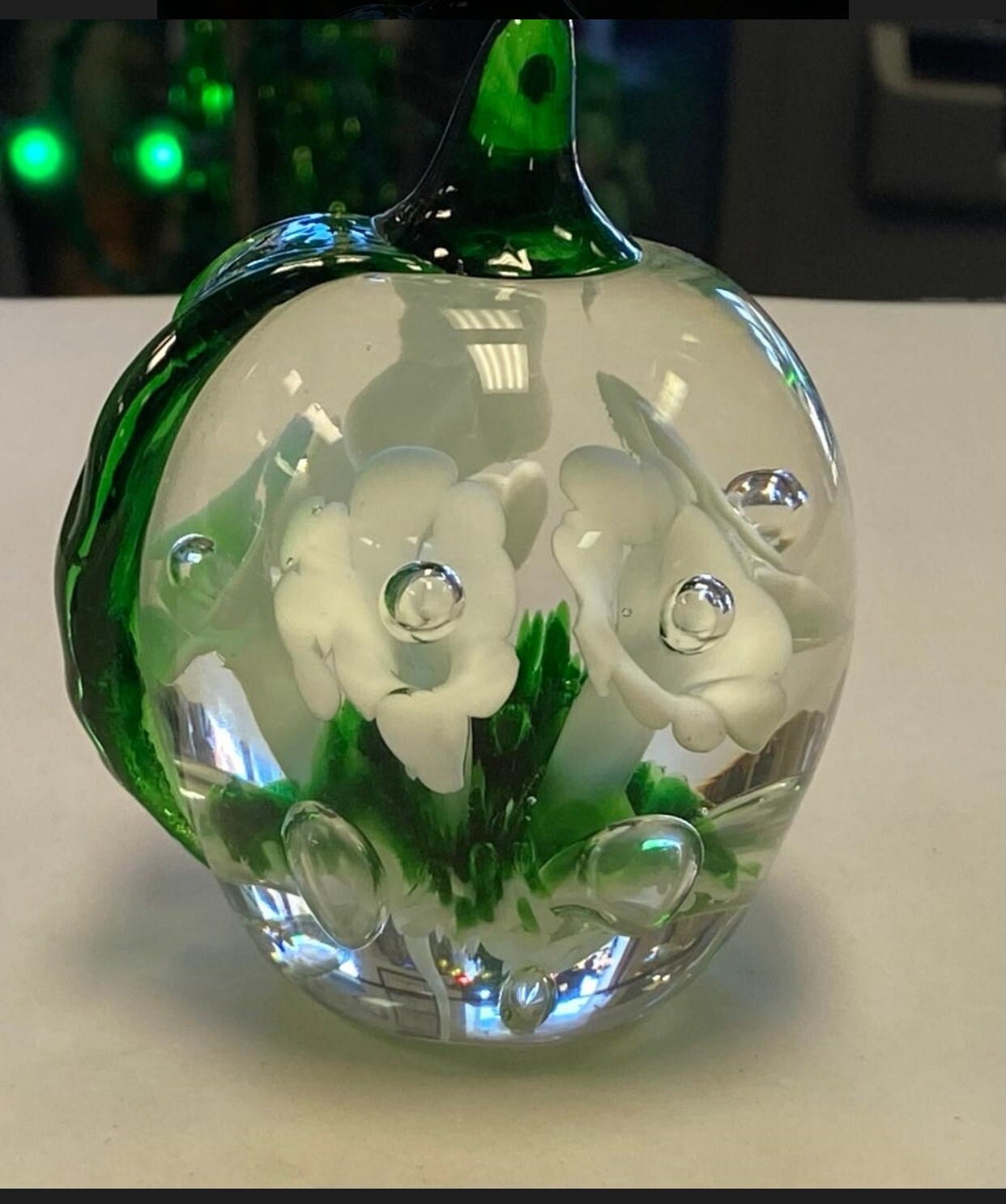 Gibson 1989 Apple Art Glass Paperweight with Flowers Inside Signed